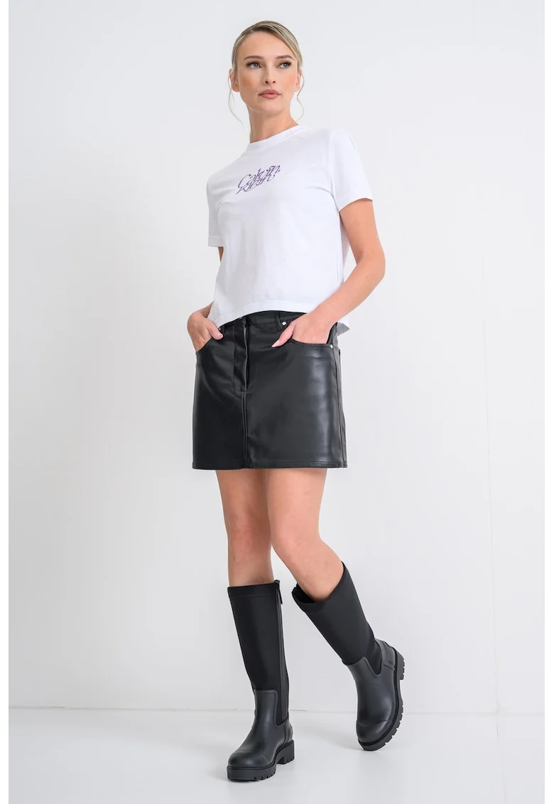 Fusta cu croiala dreapta si aspect de piele, Negru