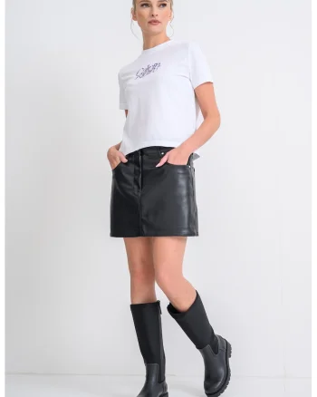 Fusta cu croiala dreapta si aspect de piele, Negru