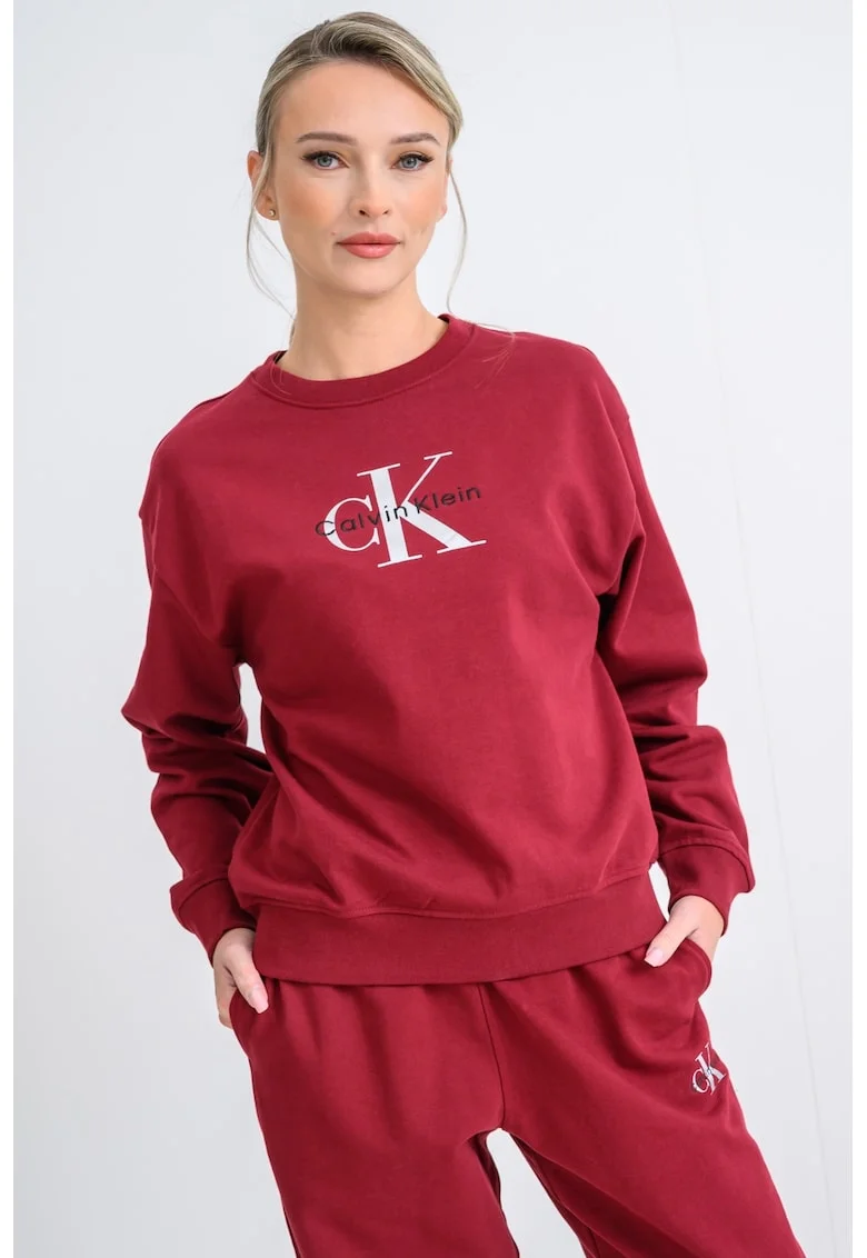 Bluza de trening cu maneci cazute si imprimeu logo, Rosu inchis/Argintiu