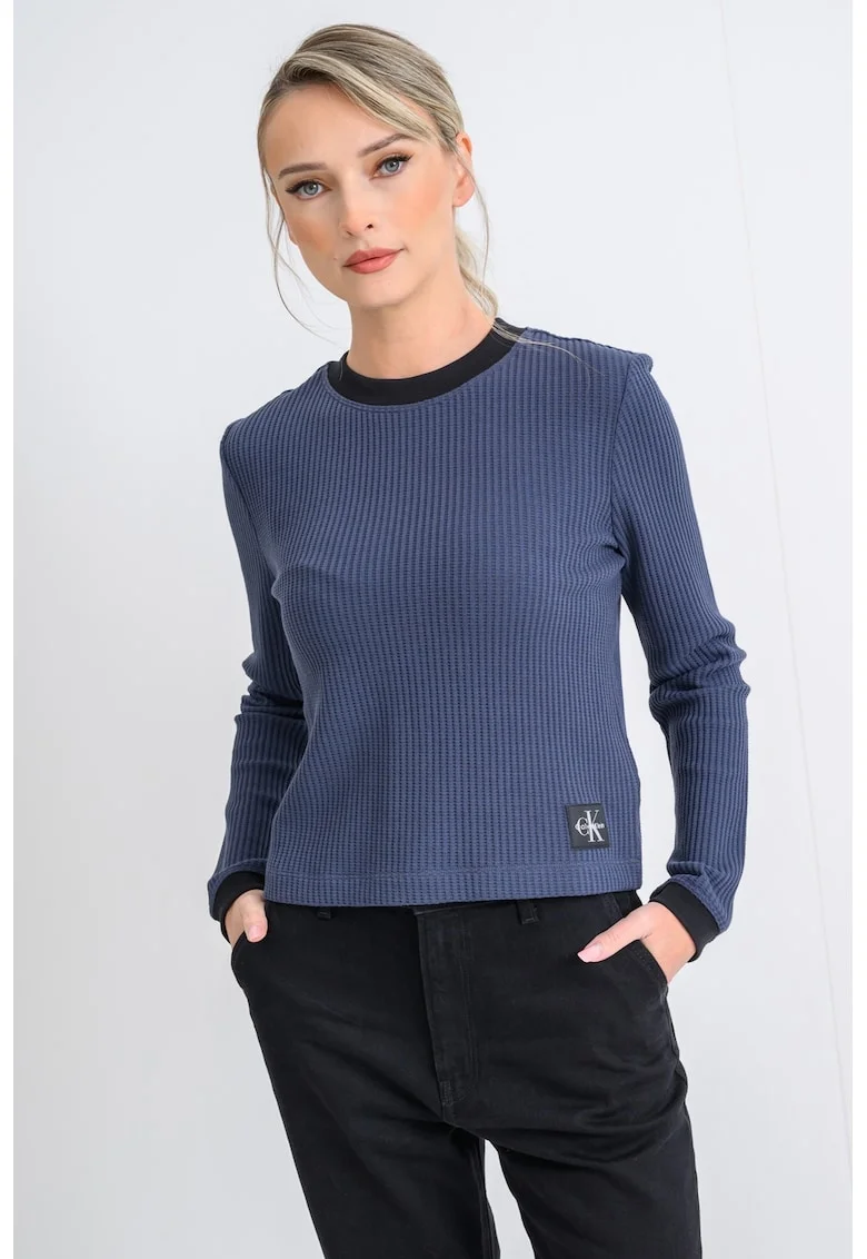 Pulover striat cu decolteu la baza gatului, Albastru indigo