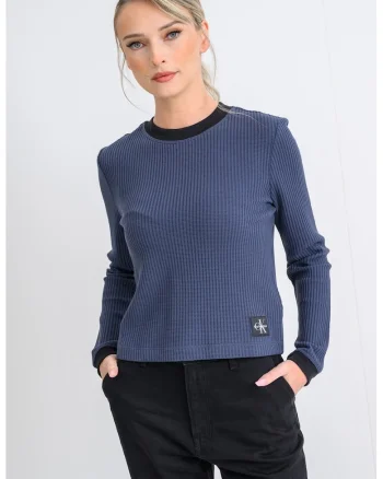 Pulover striat cu decolteu la baza gatului, Albastru indigo