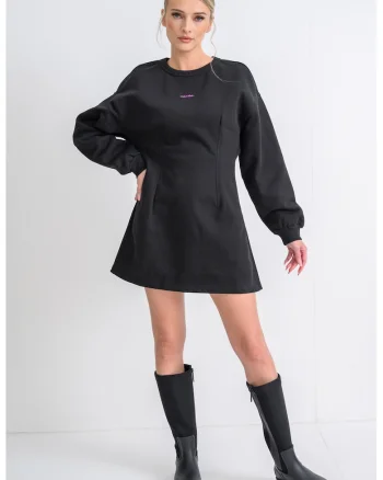 Rochie mini din bumbac cu maneci bufante, Negru