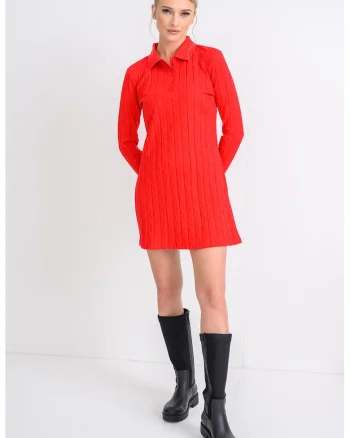 Rochie polo striata cu model monograma discreta, Rosu