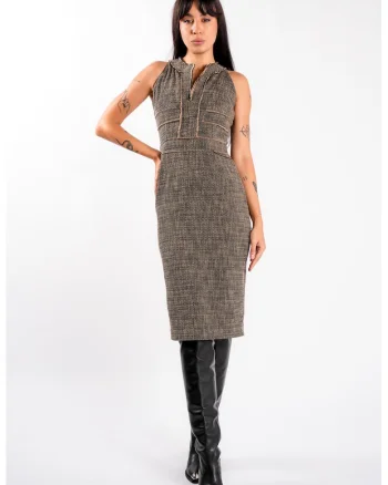 Rochie midi cambrata din tweed cappuccino, Negru