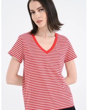 Tricou de bumbac cu decolteu in V, Rosu/Alb