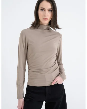 Bluza slim fit uni cu guler inalt, Maro deschis