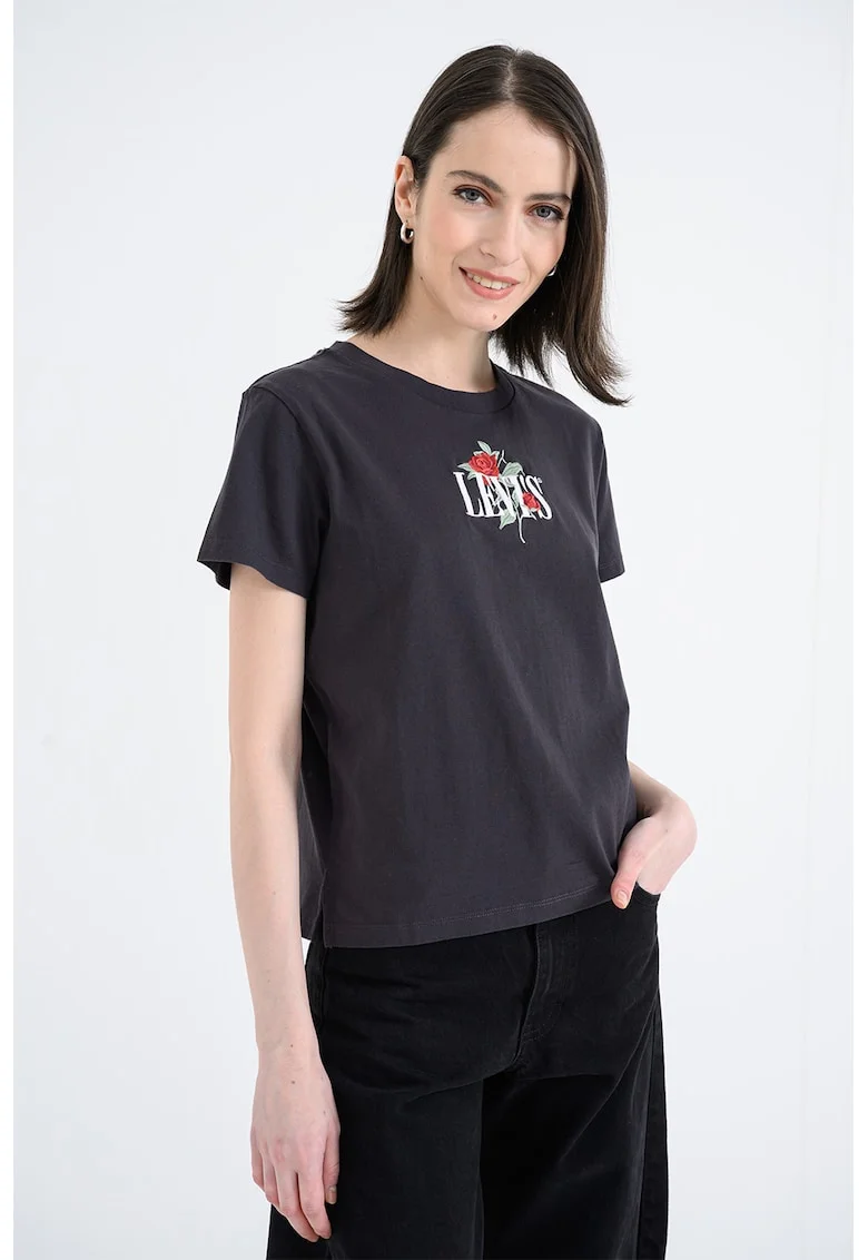 Tricou de bumbac cu logo in relief, Negru