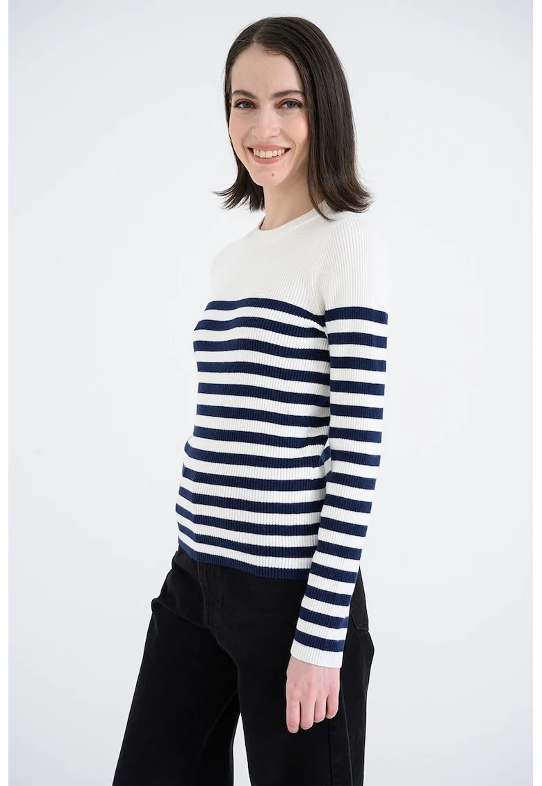 Pulover slim fit cu model in dungi si aspect striat, Alb optic/Bleumarin