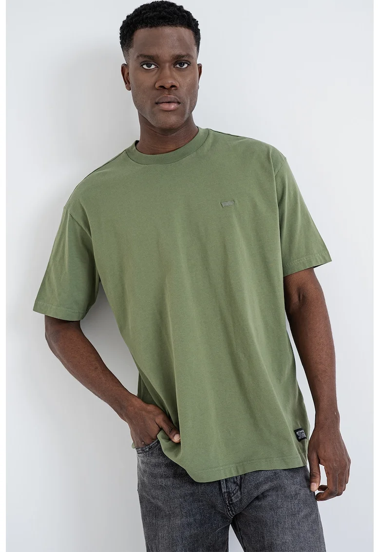 Tricou din bumbac cu decolteu la baza gatului, Kaki inchis