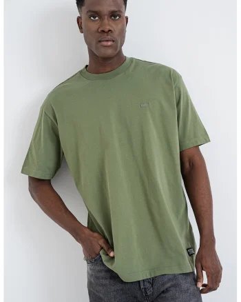 Tricou din bumbac cu decolteu la baza gatului, Kaki inchis
