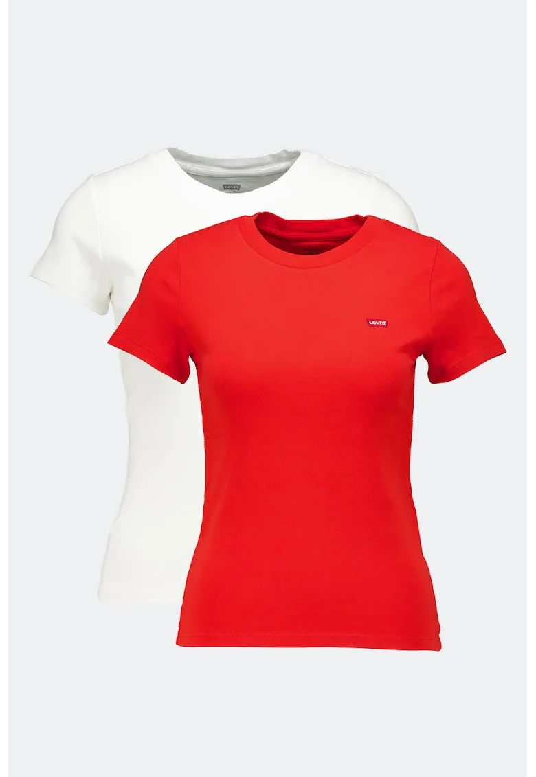 Set de tricouri slim fit de bumbac cu decolteu rotund - 2 piese, Rosu/Alb