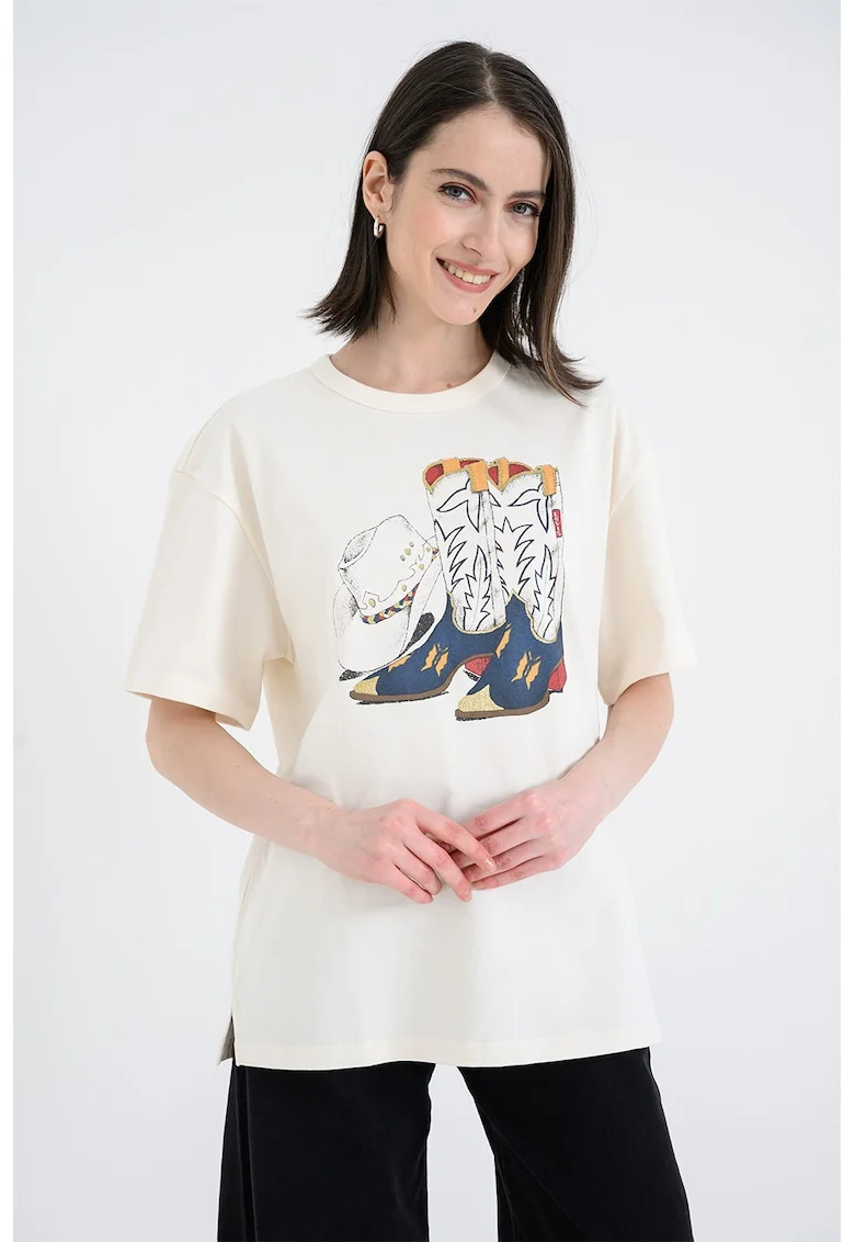 Tricou lejer din bumbac cu imprimeu, Alb