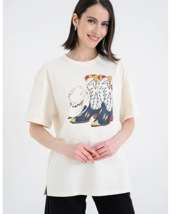 Tricou lejer din bumbac cu imprimeu, Alb