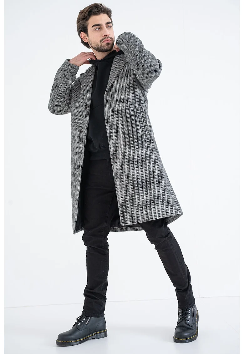 Palton din amestec de lana cu model herringbone, Alb/Negru