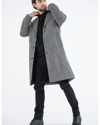 Palton din amestec de lana cu model herringbone, Alb/Negru