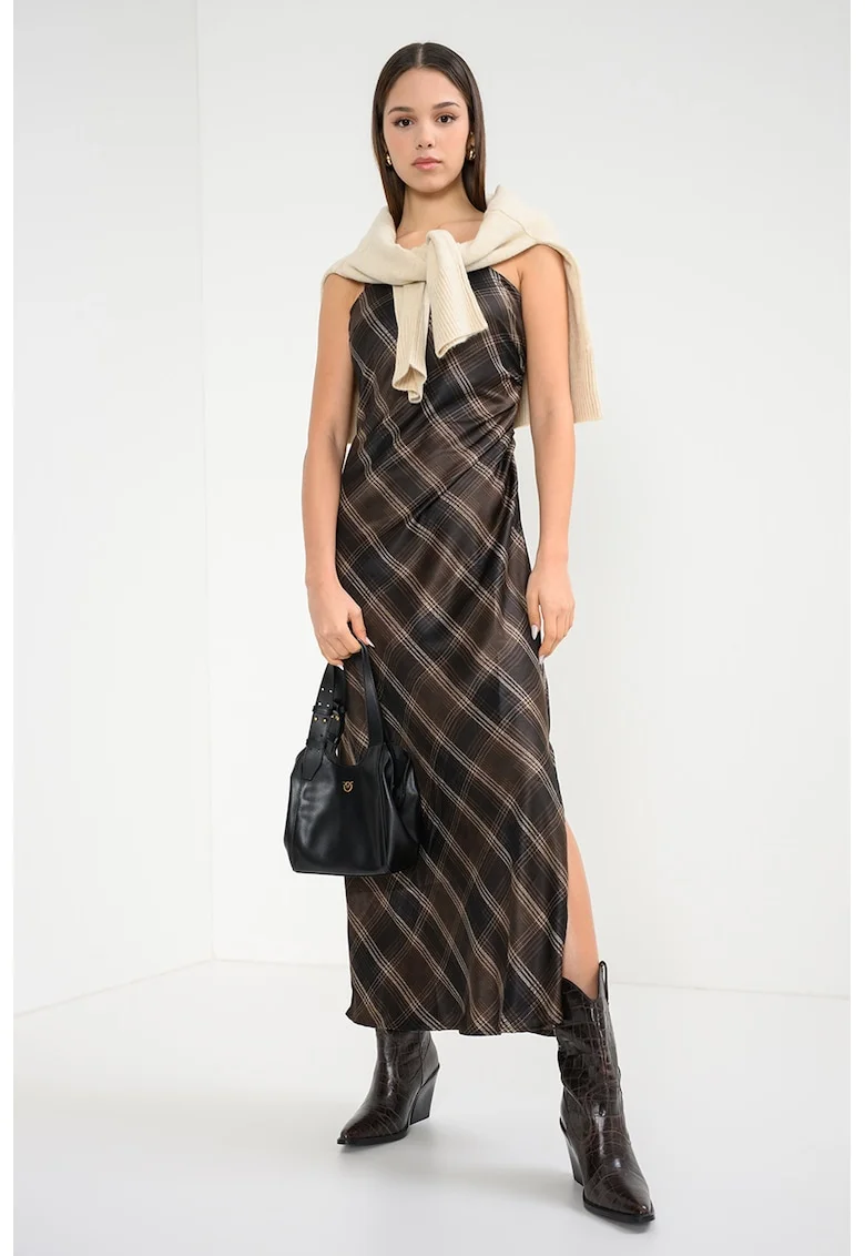 Rochie cu croiala in A fara maneci, Maro inchis/Negru