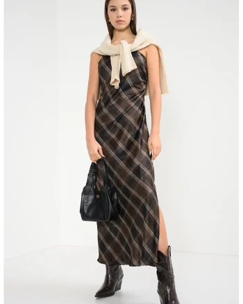 Rochie cu croiala in A fara maneci, Maro inchis/Negru