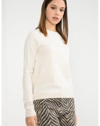 Pulover cu decolteu la baza gatului si model uni Happiness, Alb fildes