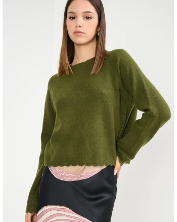 Pulover tricotat fin cu terminatii valurite, Verde