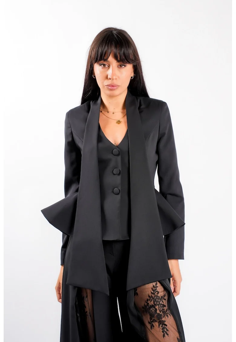 Sacou cu esarfe si talie structurata Black, Negru