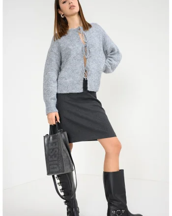 Cardigan pufos cu snururi de ajustare, Gri deschis melange