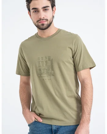 Tricou din bumbac organic cu imprimeu pe piept Blabreeze, Kaki