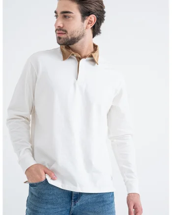 Bluza polo cu guler din reiat, Alb/Maro deschis
