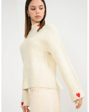 Pulover lejer cu inimi brodate, Rosu/Alb fildes