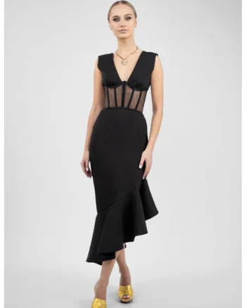 Rochie midi neagra cu corset transparent si fusta asimetrica