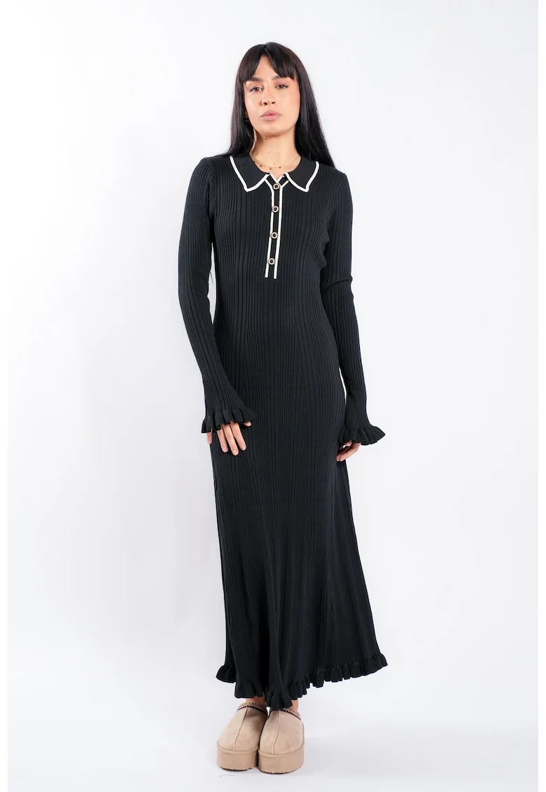 Rochie midi Black cu guler contrastant, Negru