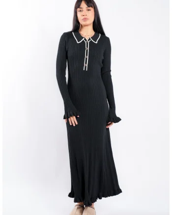 Rochie midi Black cu guler contrastant, Negru