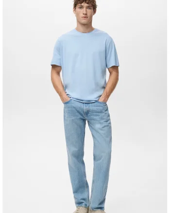 Tricou din bumbac cu decolteu la baza gatului, Albastru pastel