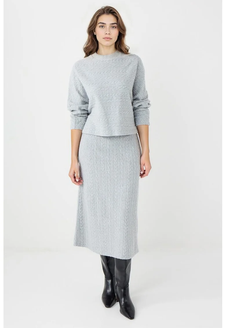 Fusta midi cu model torsade, Gri deschis