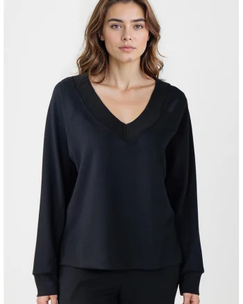 Bluza de trening din amestec de modal cu croiala lejera si decolteu in V, Negru