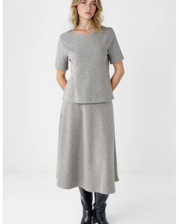 Fusta cu croiala pe bie si model houndstooth, Gri