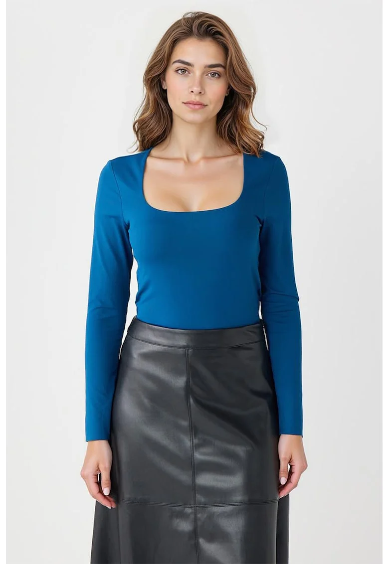 Bluza slim fit cu decolteu patrat, Albastru petrol