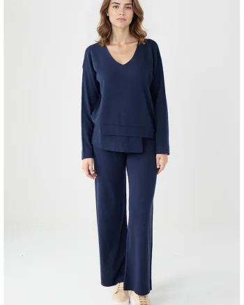 Pantaloni cu croiala ampla si talie inalta, Bleumarin