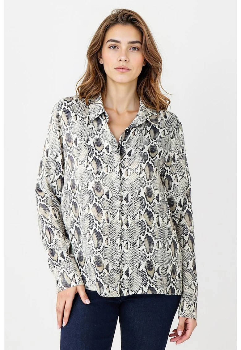 Camasa cu nasturi si animal print, Alb/Gri/Maro taupe