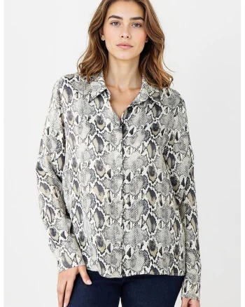 Camasa cu nasturi si animal print, Alb/Gri/Maro taupe