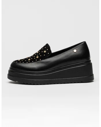 Pantofi loafer wedge cu aplciatii decorative, Auriu/Negru