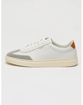 Pantofi sport de piele granulata cu banda contrastanta, Alb/Gri