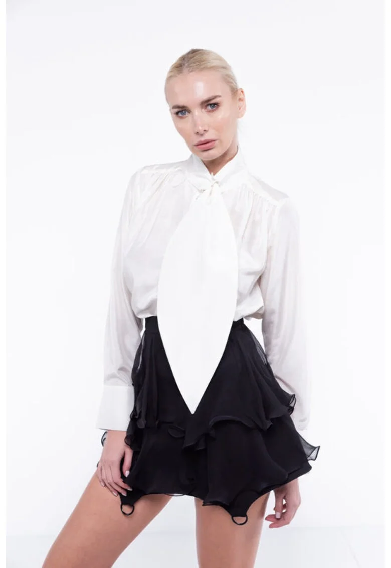 Camasa alba din shantung de matase cu esarfa oversized