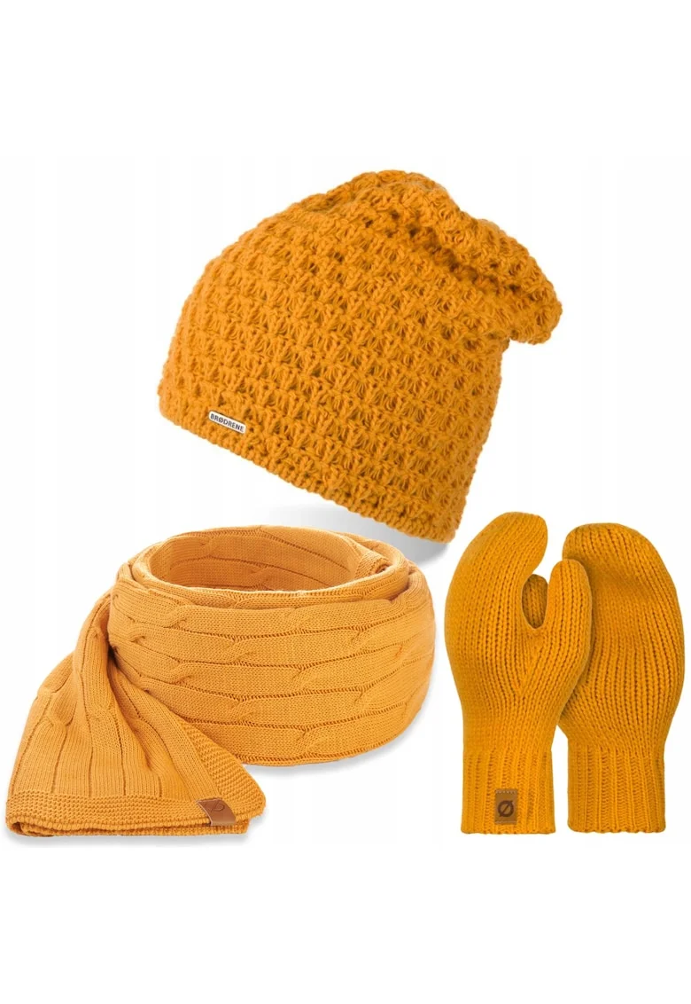 Set caciula cu fular si manusi dama Brodrene, Acril, Galben