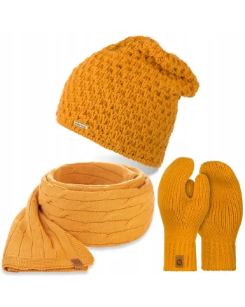 Set caciula cu fular si manusi dama Brodrene, Acril, Galben