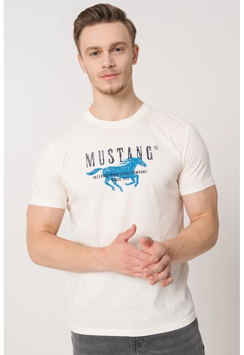 Tricou de bumbac cu imprimeu logo, Alb murdar/Albastru