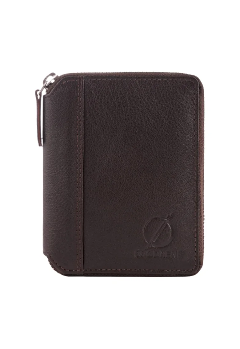 Portofel din piele naturala, Brodrene, G-05L, pentru barbati, 10 x 13 x 2 cm, Maro inchis
