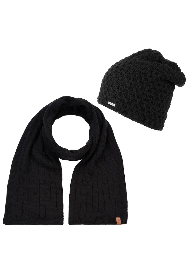 Set caciula + fular dama, Brodrene, Acril, Circumferinta 55-58 cm, Fular 170 x 40 cm, Negru