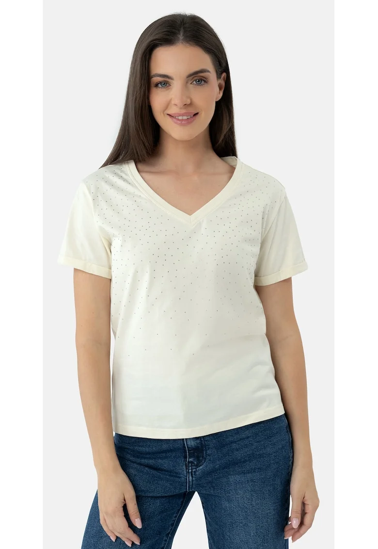 Tricou din bumbac cu strasuri, dama, Regular Fit,  T-Meli, crem, XXL