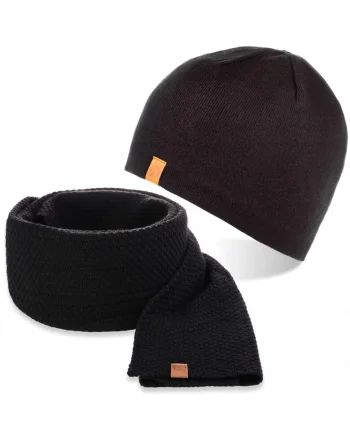 Set caciula si fular barbati, Brodrene, Fleece, Dimensiune universala, Negru