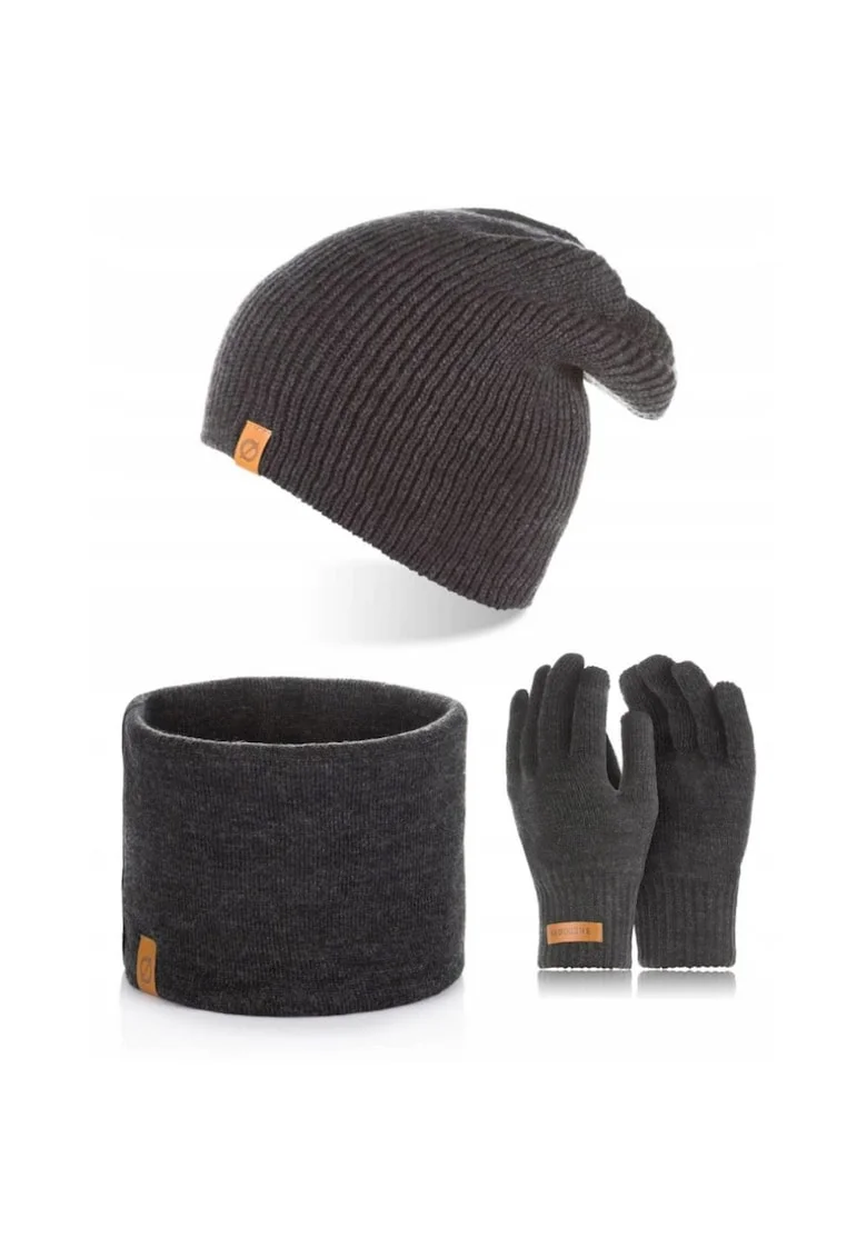 Set caciula cu manusi si fular Brodrene, Acril, Universal, Gri inchis